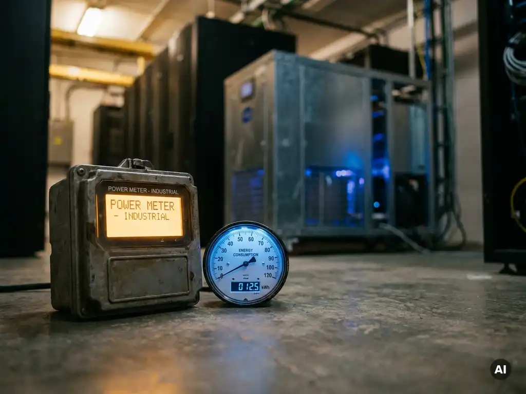 Industriële energiemeter en verbruiksgauge op betonnen vloer van serverruimte, met gloeiende PCM-koelunit op de achtergrond.