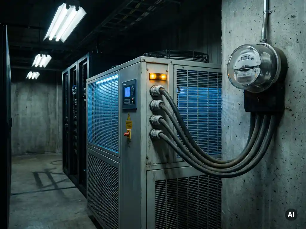 Industriële compressorkoeler in serverruimte met dikke stroomkabels en snel draaiende elektriciteitsmeter op betonnen muur.
