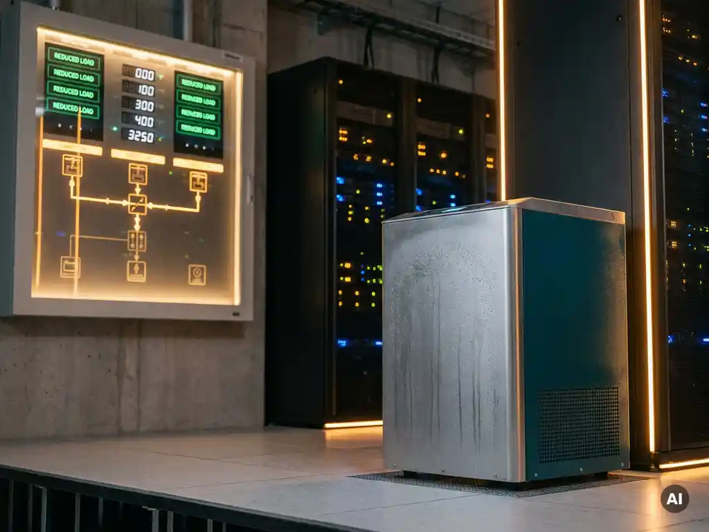 Compacte PCM-koeleenheid in een moderne serverruimte met knipperende rack-servers en een elektriciteitspaneel met verlaagde belastingsindicatoren.