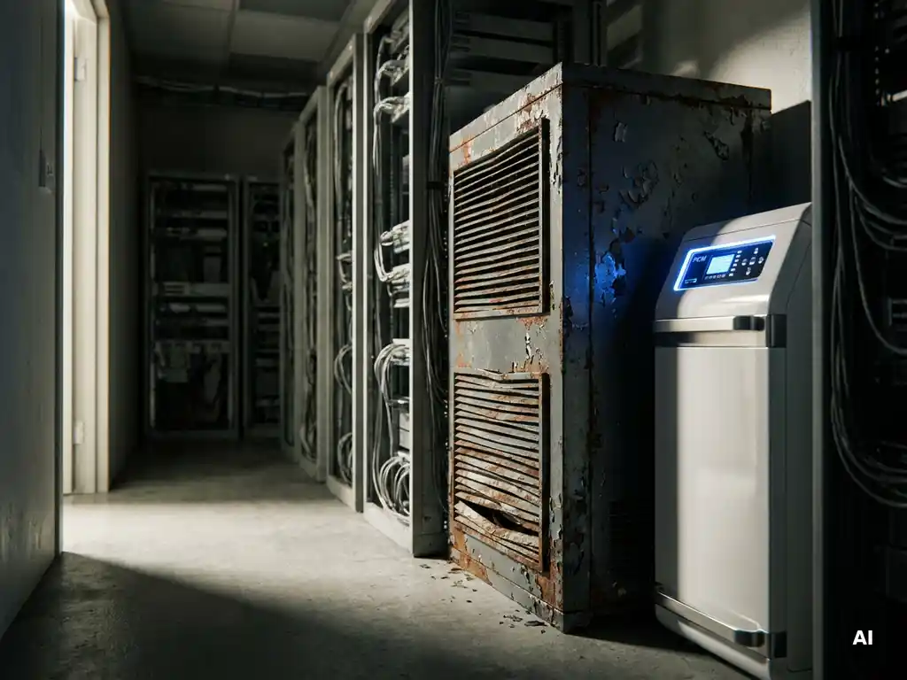 Verouderde industriële koelunit met roestige ventilatieopeningen naast een modern PCM-paneel in een serverruimte.