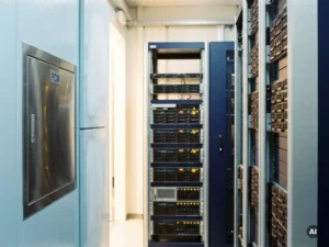 Rack-mounted servers in een compacte serverruimte naast een PCM-koeleenheid met lichtblauwe zouthydraatpanelen en condensvorming.