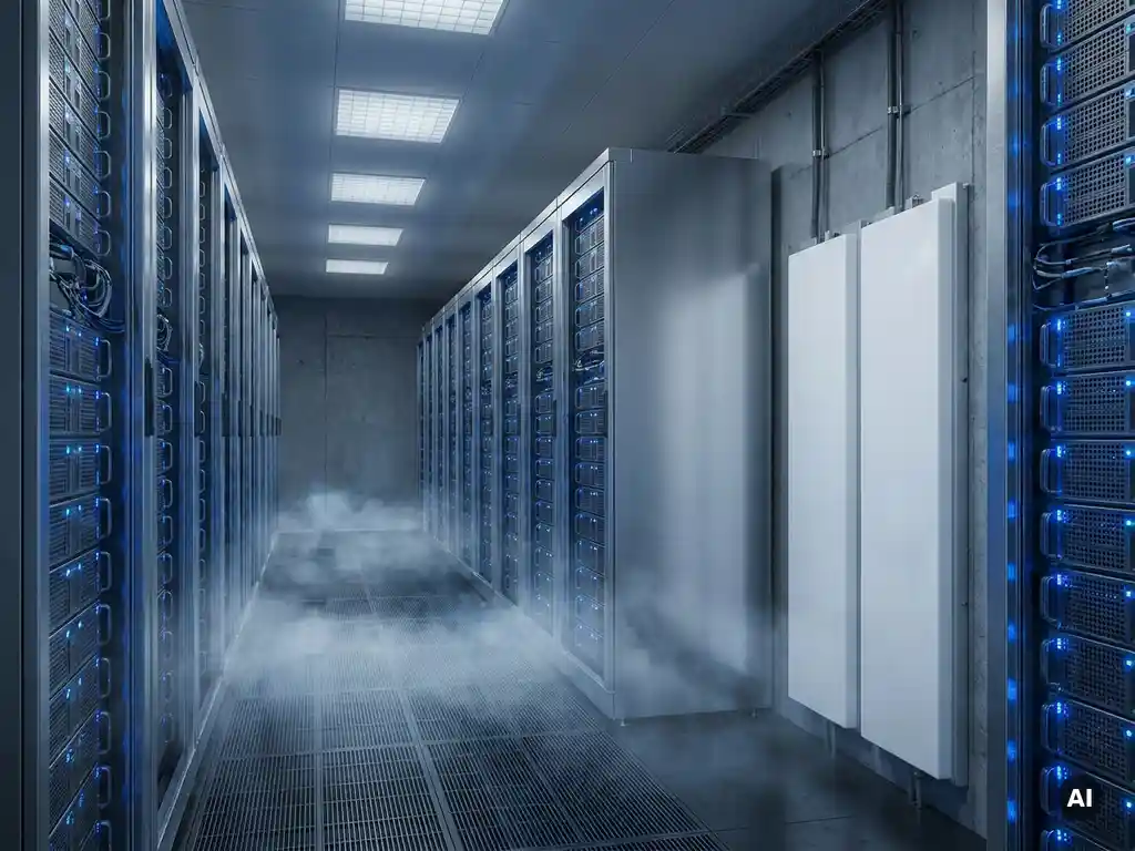 Servergang met blauwe LED-indicatoren, zichtbare koellucht bij de vloer en witte PCM-koelpanelen op de zijwand.