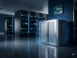 Serverruimte met verlichte rack-units en een PCM-koelinstallatie op de voorgrond, blauwe indicatielampjes weerspiegeld op gepolijste vloertegels.