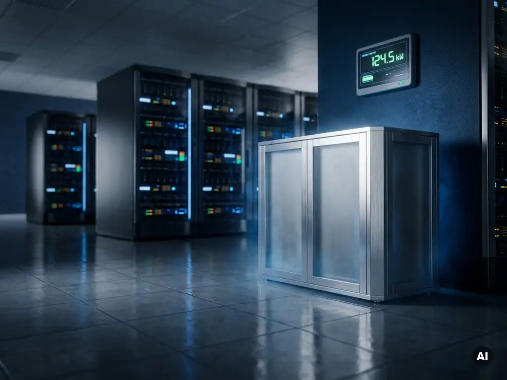 Serverruimte met verlichte rack-units en een PCM-koelinstallatie op de voorgrond, blauwe indicatielampjes weerspiegeld op gepolijste vloertegels.