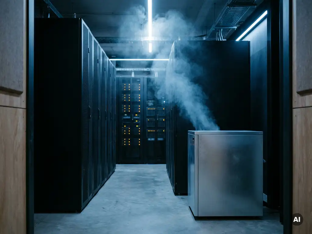 Dichte rij zwarte serverracks in een koele serverruimte met zichtbare koude luchtstromen van een PCM-koelingseenheid.