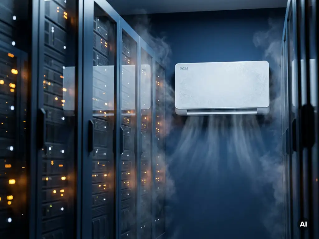 Serverrekken met oranjegloeiende apparatuur in een donkere serverruimte, gekoeld door een witte PCM-koelunit met kristallijne rijpvorming.