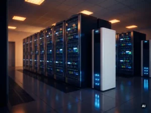 Gloeienende serverrekken in donkere serverruimte naast wit PCM-koelingssysteem met blauwe indicatielampjes en amberkleurig noodverlichting.