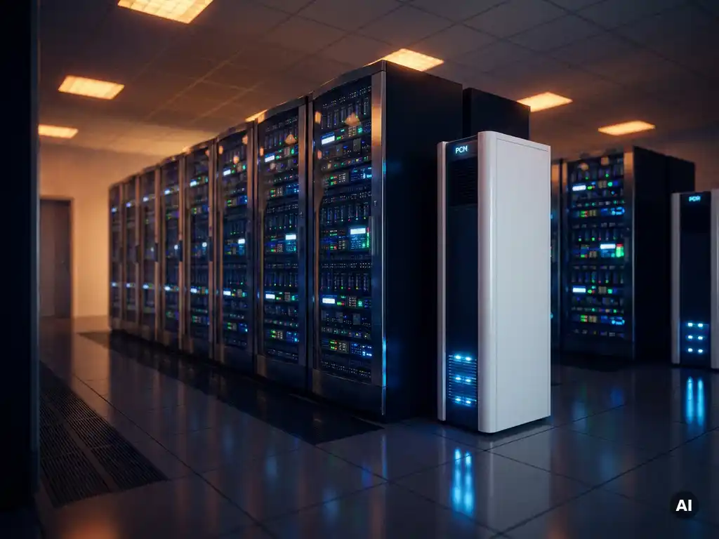 Gloeienende serverrekken in donkere serverruimte naast wit PCM-koelingssysteem met blauwe indicatielampjes en amberkleurig noodverlichting.