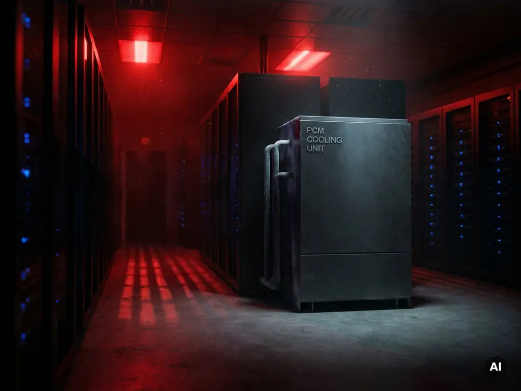 PCM-koeleenheid actief in serverruimte tijdens stroomstoring, omringd door uitgeschakelde systemen in rood noodlicht.