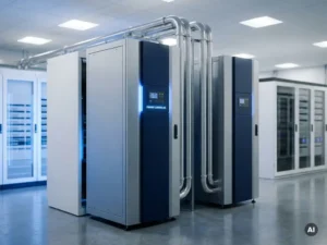 Twee industriële koelunits naast elkaar in een serverruimte, verbonden door zilveren leidingen, met blauw omgevingslicht op witte kasten.