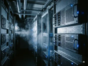 Serverrekken in een donkere datacentergang bedekt met condensatiedruppels, verlicht door koud blauw LED-licht.