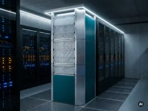 Modulaire koelkast met PCM-panelen in serverruimte, omgeven door rackapparatuur met blauwe en amberkleurige indicatielampjes.