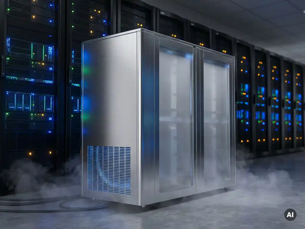 PCM-koeleenheid in een donkere serverruimte met rijen gloeiende serverracks in blauw-groene tinten en oranje indicatielampjes.