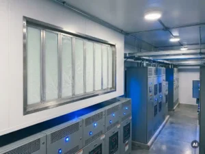 PCM-koeleenheid met zouthydraatpanelen in industriële schakelaarruimte, omgeven door elektrische schakelkasten in koel blauw licht.