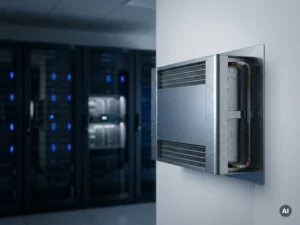 PCM-koeleenheid op witte muur in serverruimte, condensatiedruppels op metaal, serverrekken met blauwe indicatielampjes op achtergrond.