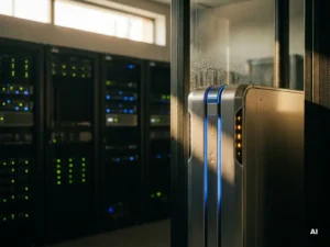 PCM-koeleenheid in serverruimte met zwarte apparatuurrekken, blauwe en zilveren tinten, condensatie op nabijgelegen paneel.