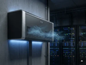 PCM-koeleenheid gemonteerd op de muur van een serverruimte met blauwe indicatielampjes en circulerende koellucht bij ventilatiepanelen.