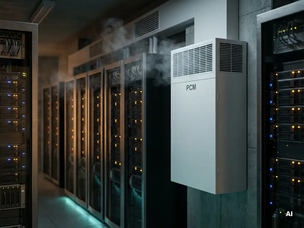 Witte PCM-koeleenheid aan de muur van een serverruimte met rijen knipperende rack-servers op de achtergrond.
