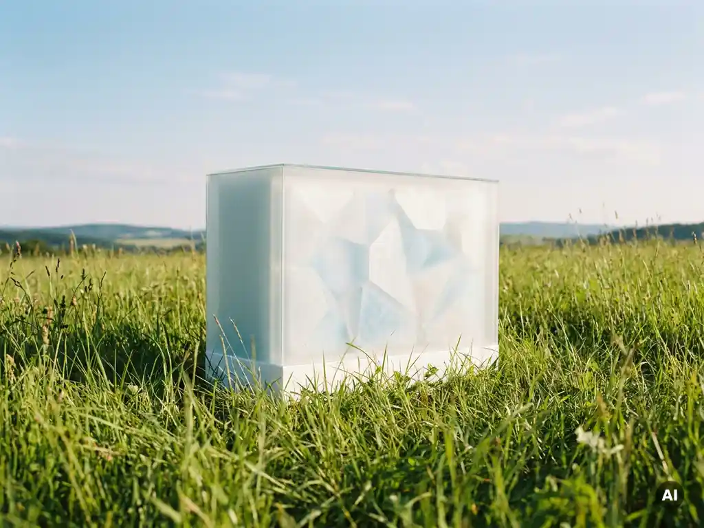 Wit PCM-koelingssysteem met zichtbare zoutkristalpanelen in een zonnige groene weide onder een heldere blauwe lucht.