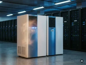 Twee identieke PCM-koelunits in een serverruimte, één actief met blauw indicatielampje, de ander in stand-by, met serverracks op de achtergrond.