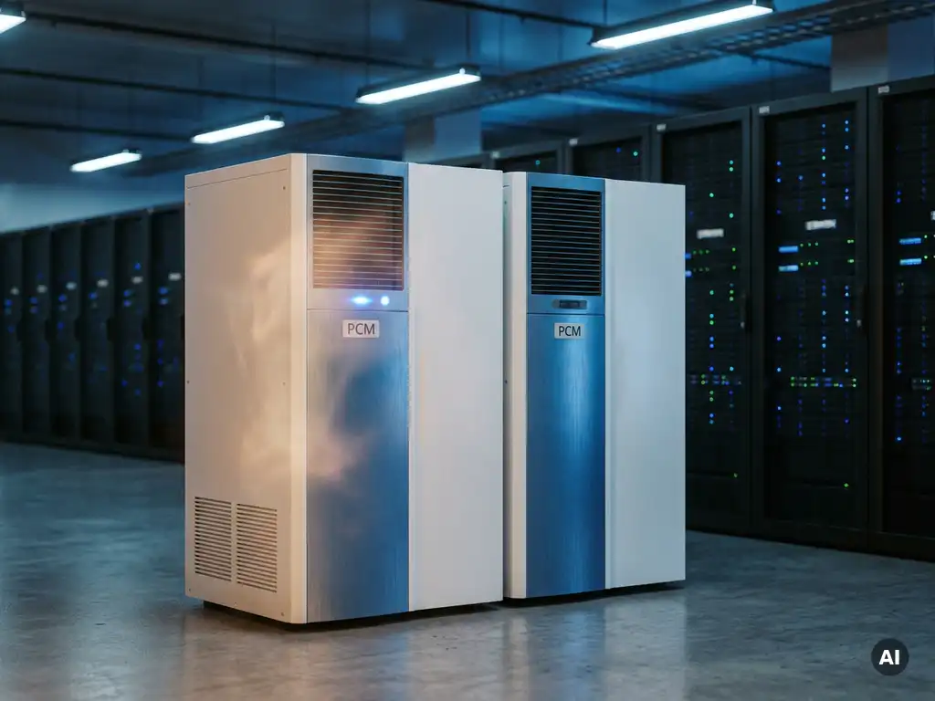Twee identieke PCM-koelunits in een serverruimte, één actief met blauw indicatielampje, de ander in stand-by, met serverracks op de achtergrond.