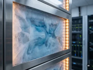 Doorschijnend PCM-paneel met kristallijn zouthydraat in vloeibare en vaste toestand, gemonteerd in industriële serverkast met blauw-amberverlichting.