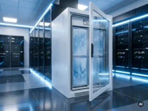 Witte PCM Power Unit-kast in serverruimte met zichtbare kristallijne PCM-panelen en passieve koeling.