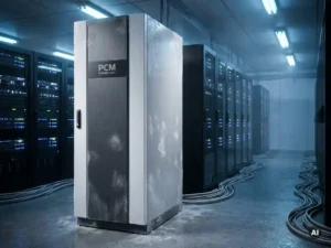 PCM Power Unit-kast in serverruimte met ijsblauwe belichting, condensatie op panelen en knipperende serverracks op de achtergrond.