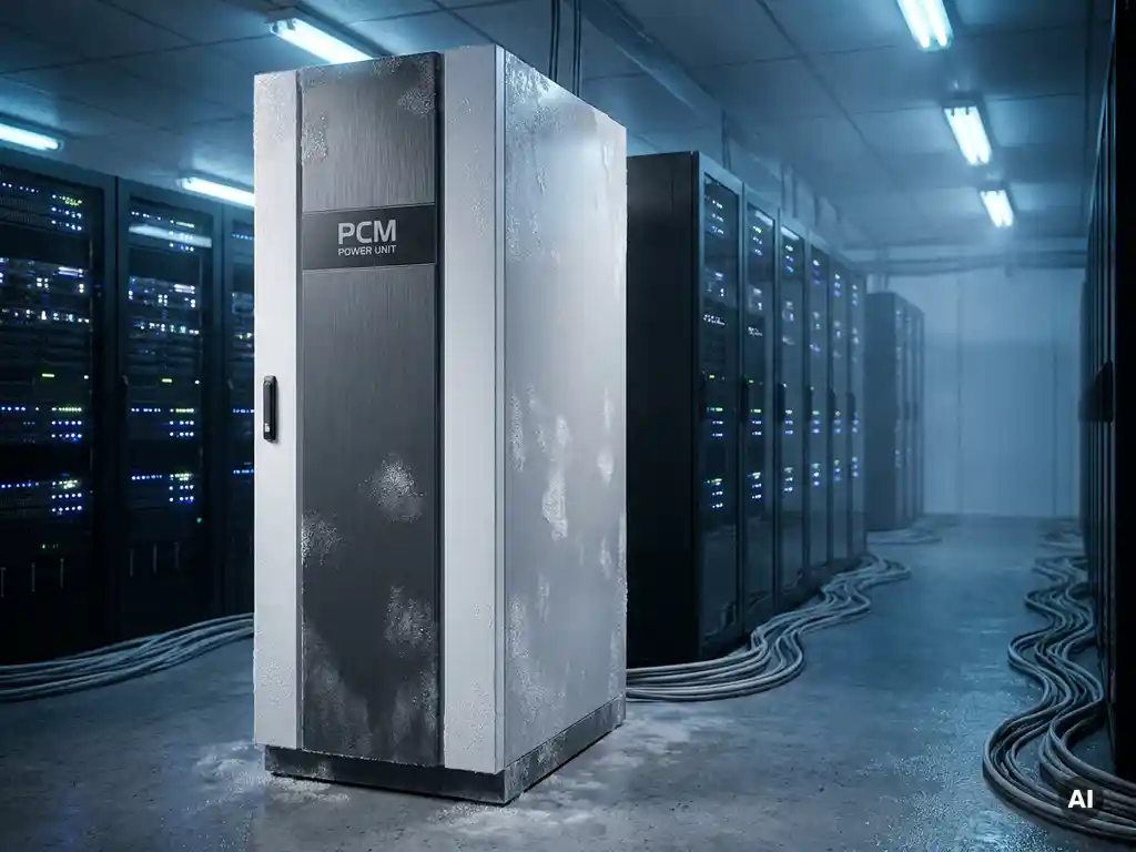 PCM Power Unit-kast in serverruimte met ijsblauwe belichting, condensatie op panelen en knipperende serverracks op de achtergrond.