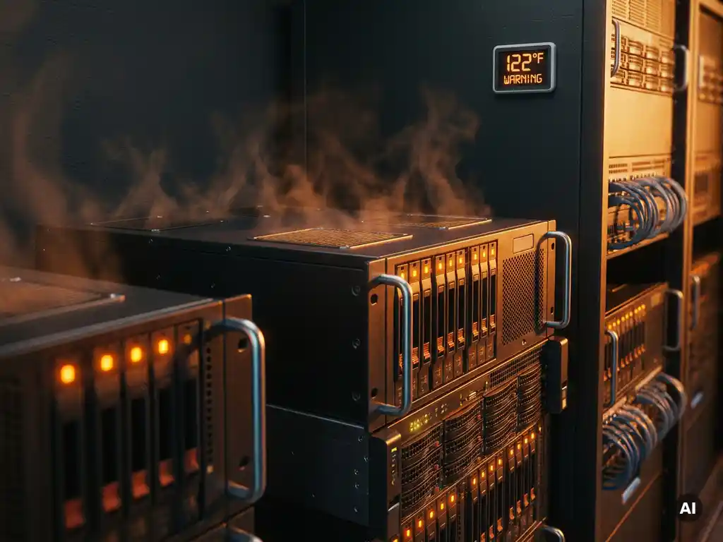 Oververhitte serverrack met oranje waarschuwingslampjes en hittedistorsie in een brandend hete serverruimte.