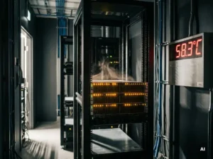 Serverrack met oranje waarschuwingslampjes en hittedistorsie in donkere serverruimte met kritisch hoge temperaturen.