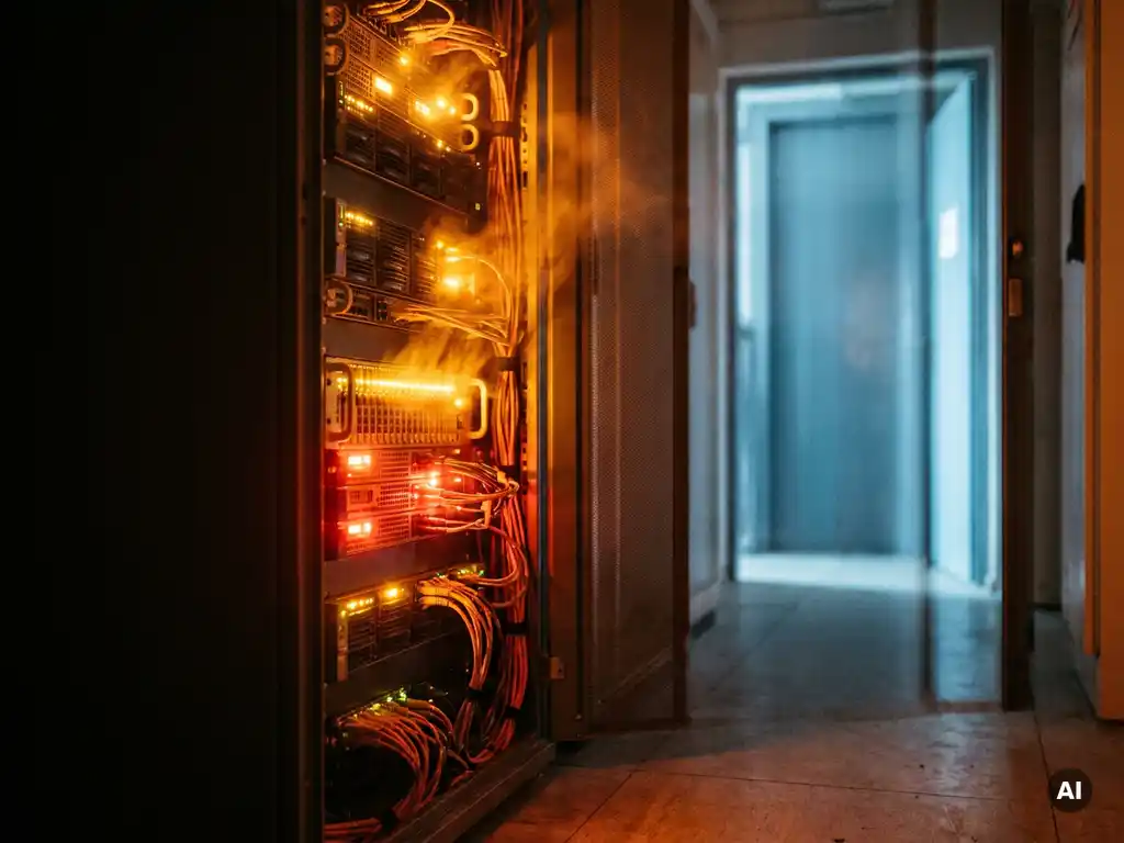 Server rack met oranje waarschuwingslichten in oververhitte serverruimte, hittedistorsie zichtbaar boven apparatuur.