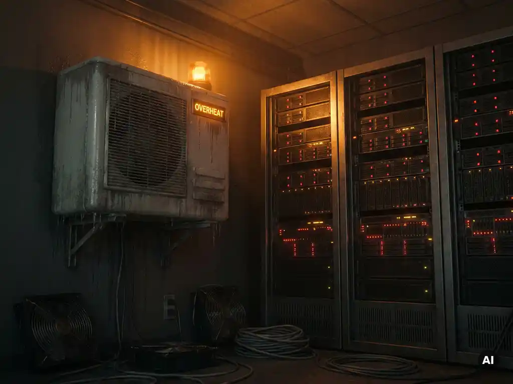 Verouderde airco-unit met condensvorming in oververhitte serverruimte, omringd door knipperende serverracks onder amberkleurig waarschuwingslicht.