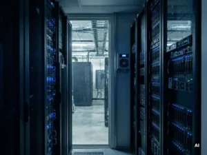 Serverracks met blauwe indicatielampjes in een kleine serverruimte, met een industrieel datacenter zichtbaar door een glazen wand.