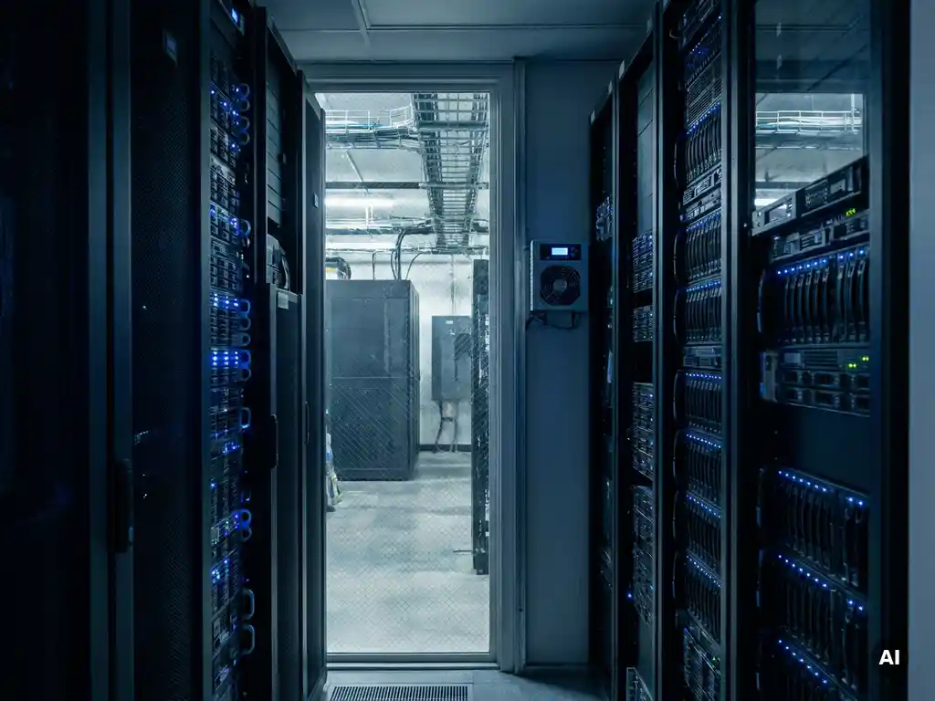 Serverracks met blauwe indicatielampjes in een kleine serverruimte, met een industrieel datacenter zichtbaar door een glazen wand.