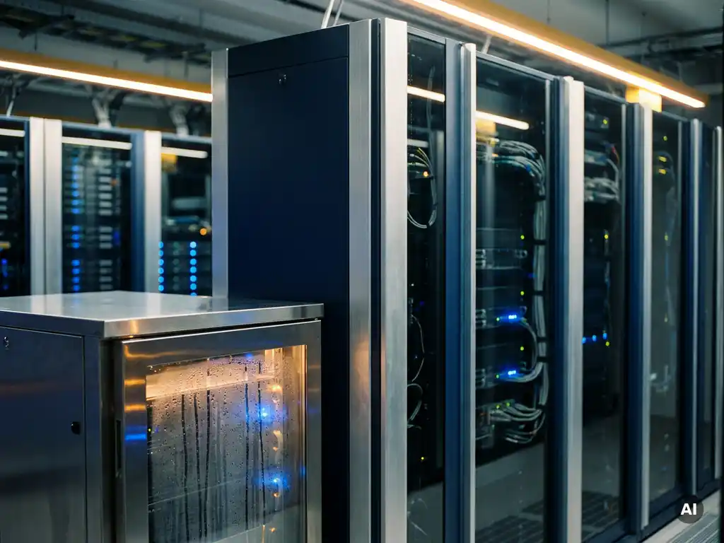 Koelkast voor servers op de voorgrond in een serverruimte met blauwe indicatielampjes en glanzende rack-eenheden.