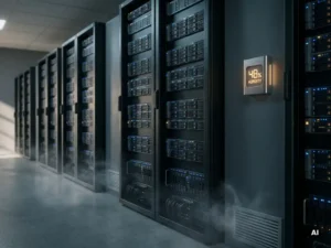 Zwarte serverracks in een donkere serverruimte met een amberkleurige luchtvochtigheidssensor aan de muur en subtiele condensatienevel in de gekoelde lucht.