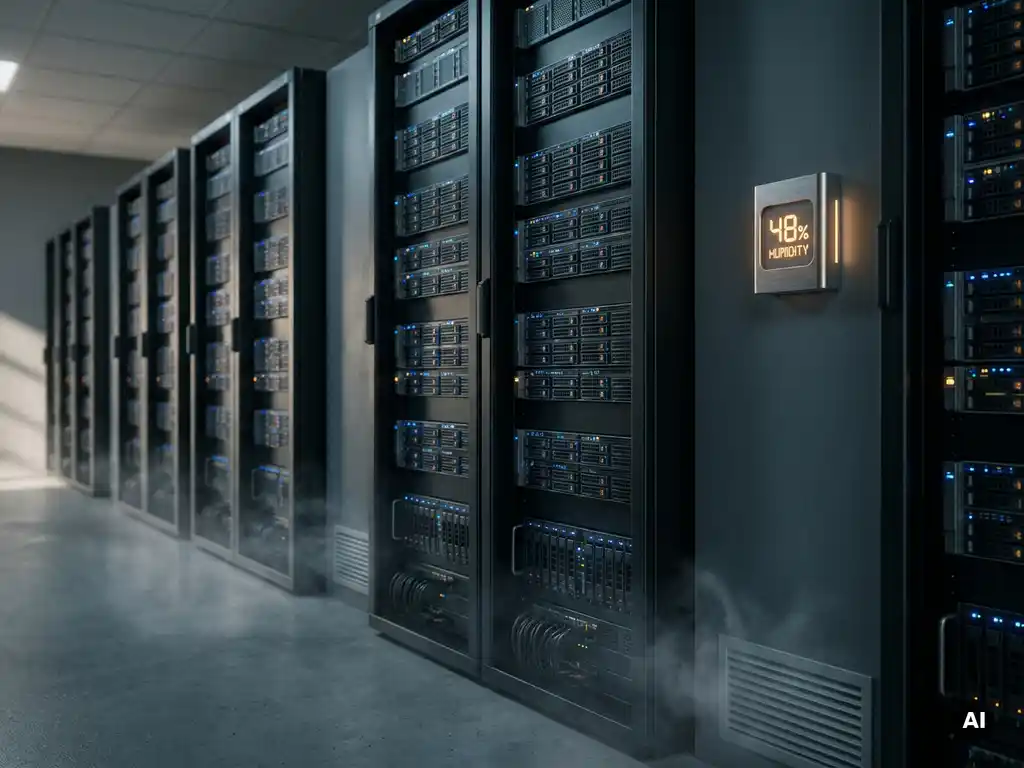Zwarte serverracks in een donkere serverruimte met een amberkleurige luchtvochtigheidssensor aan de muur en subtiele condensatienevel in de gekoelde lucht.