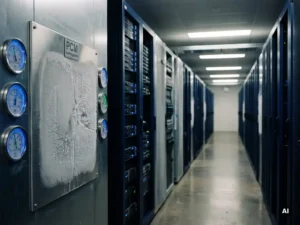 Serverrekken in gekoelde datacentergang met PCM-koelpaneel op de muur, temperatuurmeters in blauw omgevingslicht.