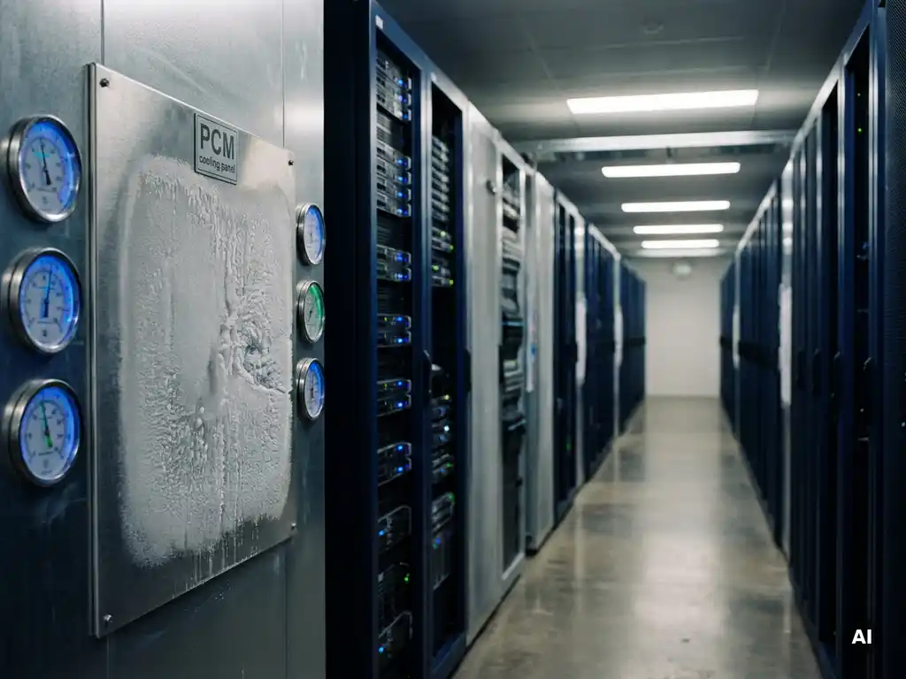 Serverrekken in gekoelde datacentergang met PCM-koelpaneel op de muur, temperatuurmeters in blauw omgevingslicht.