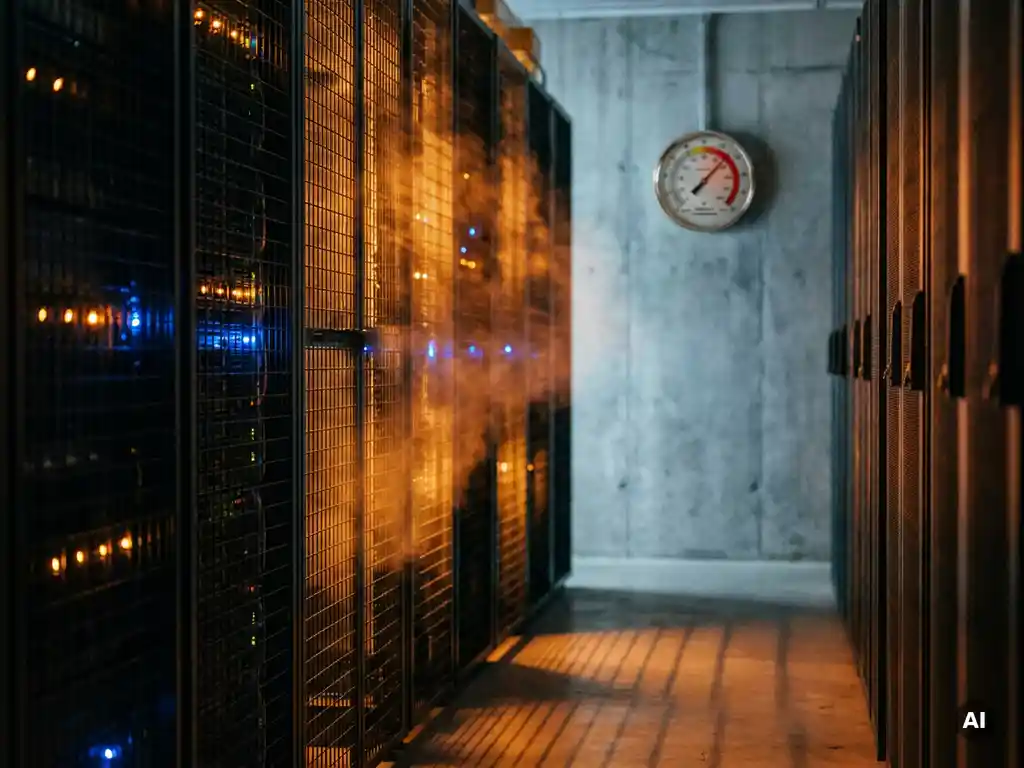 Gloeiende serverrekken die warmte uitstralen in een donkere serverruimte, met een thermometer op de grijze muur.