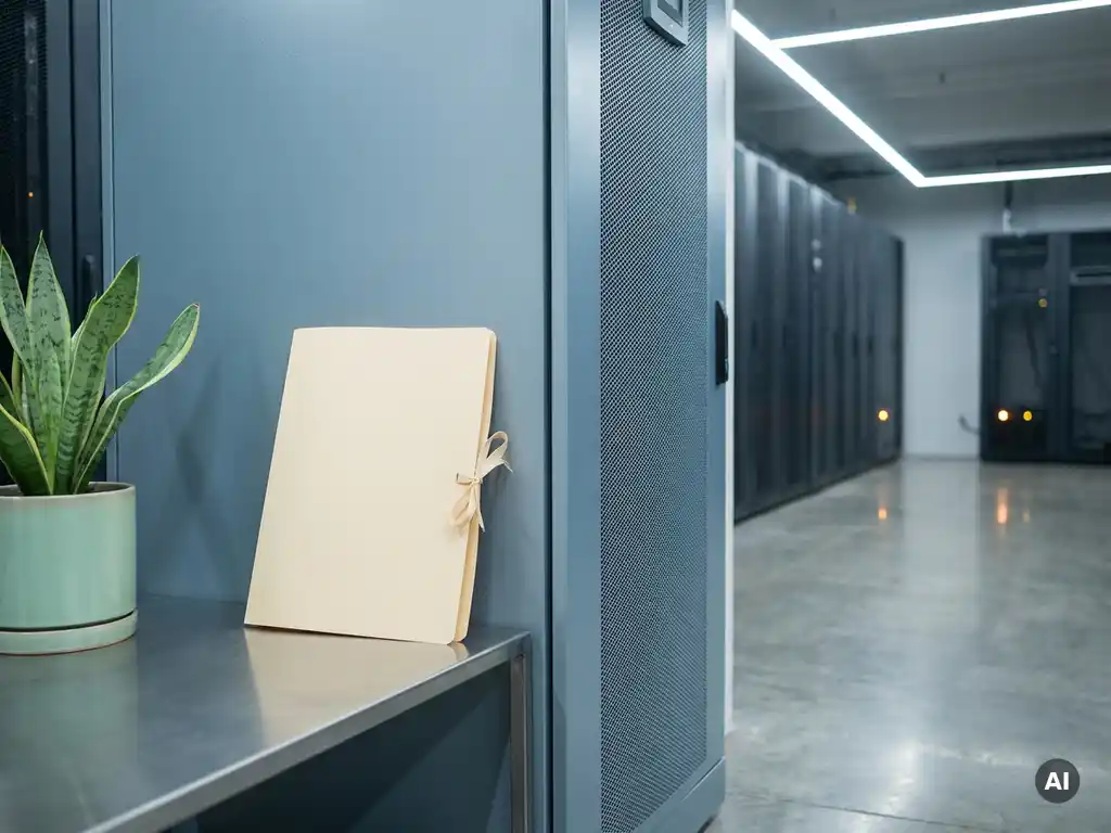 Overheidssubsidiedossier naast een PCM-koeleenheid in een moderne serverruimte met groene planten en betonnen vloer.