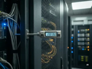 Digitale temperatuursensor gemonteerd op grijs serverrack in donkere serverruimte, kabels en ventilatiegrilles op de achtergrond.