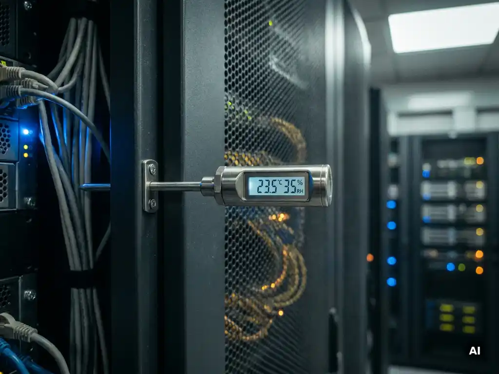 Digitale temperatuursensor gemonteerd op grijs serverrack in donkere serverruimte, kabels en ventilatiegrilles op de achtergrond.