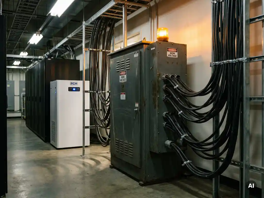Industriële transformatorkast met zwaar belaste kabelbundels naast een wit PCM-koelunit in een serverruimtecorridor, verlicht door amberkleurig waarschuwingslicht.