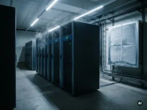 Rij industriële UPS-batterijkasten in een klimaatgecontroleerde serverruimte met koelpaneel en condensatie op de wand.