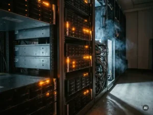 Oververhitte serverrack met oranje waarschuwingslichten en condensatie op metalen chassis in een datacenter.