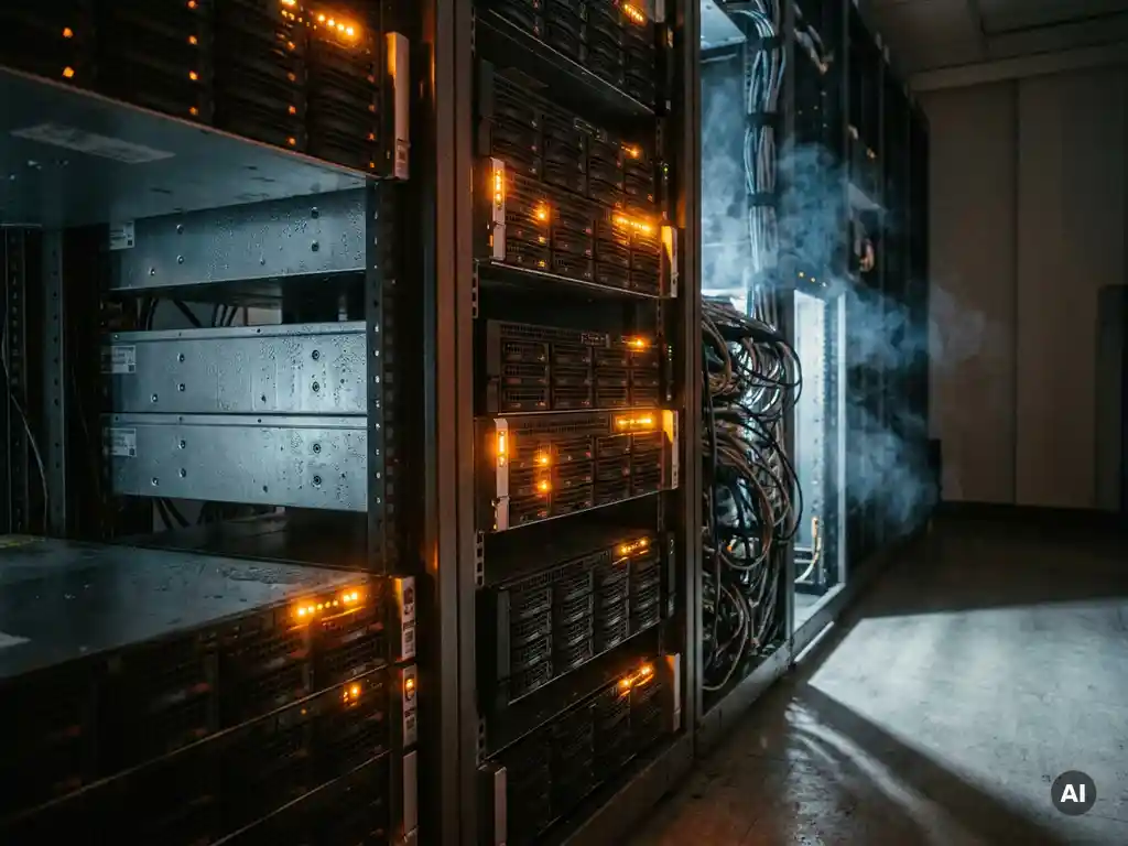 Oververhitte serverrack met oranje waarschuwingslichten en condensatie op metalen chassis in een datacenter.