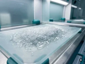 Gedeeltelijk gesmolten witte zouthydraatkristallen met vochtige glinstering in een open transparant paneel op industrieel oppervlak.