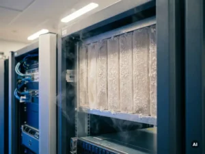 Kristallijne zouthydraatpanelen met vorstcondensatie in een industriële serverruimtekast, koele luchtcirculatie zichtbaar.